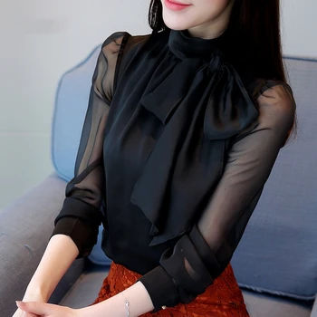 2023 Naujas Vasaros Moterų Šifono Long Sleeve Black Marškinėliai Mados Tunika Palaidinė Stilingas, Elegantiškas Kaklaraištis Lankas Golfo Oficialų 0599