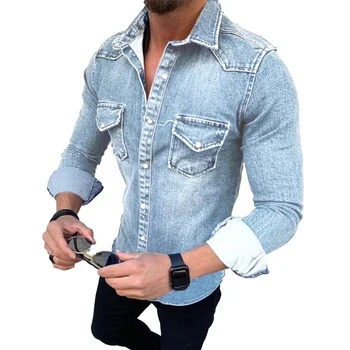 Aukštos Kokybės Naujas Mados Mens Atsitiktinis Marškinėliai Slim Džinsai Ilgomis Rankovėmis Viršūnes Krūtinės Kišenėje Snap Mygtuką Tees Minkštas Vyrų Marškinėliai