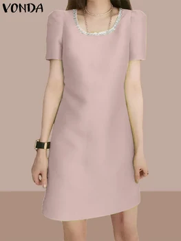 Moterims, Elegantiška Biuro Mini Suknelė 2023 VONDA vientisa Spalva Vintage Trumpas Rankovės Sundress Elegantiškas Šaliai, Skraistės Prarasti Paplūdimys Vestidos