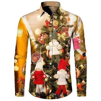Vyriški Marškiniai Kalėdų Eglutės Modelio Spausdinti Mygtuką, Ilgas rankovėmis Marškinėliai Kasdien Gatvės Šalis vyriški Marškiniai Plius Dydis Kalėdų Marškinėliai